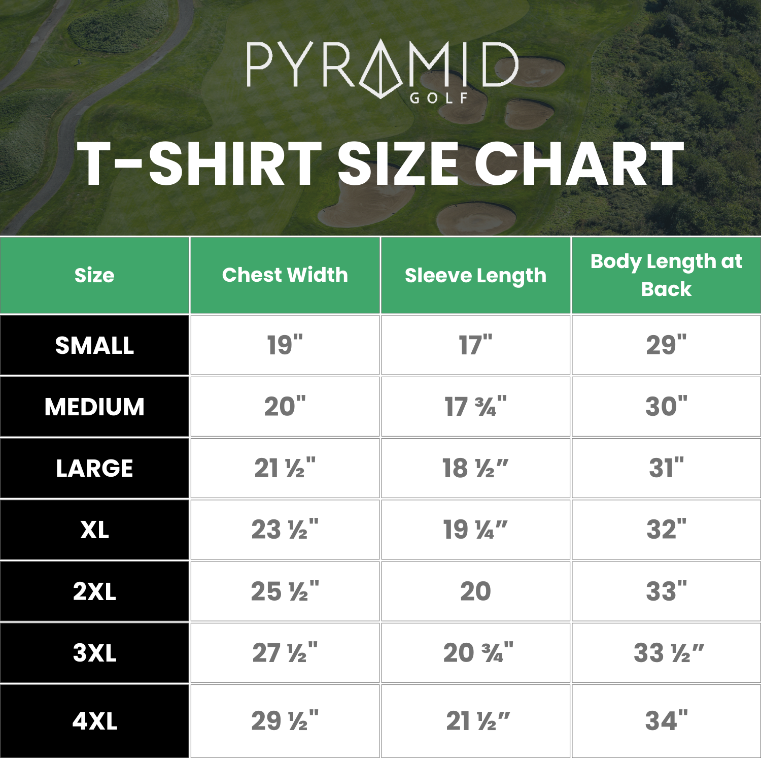 Pyramid Golf T-Shirt Size Chart